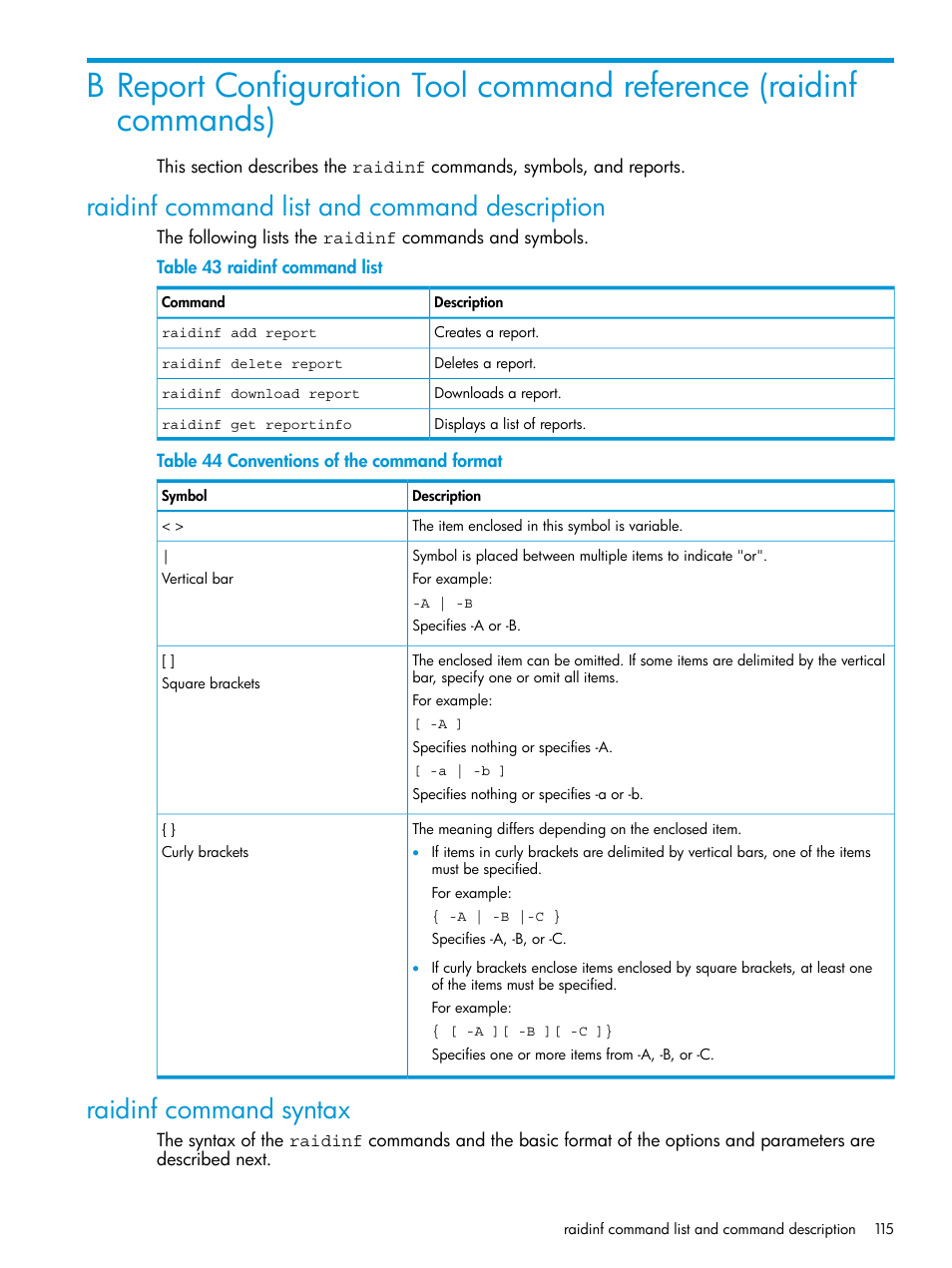 Raidinf command list and command description, Raidinf command syntax, Report configuration tool | Report configuration tool command | HP XP P9500 Storage User Manual | Page 115 / 233