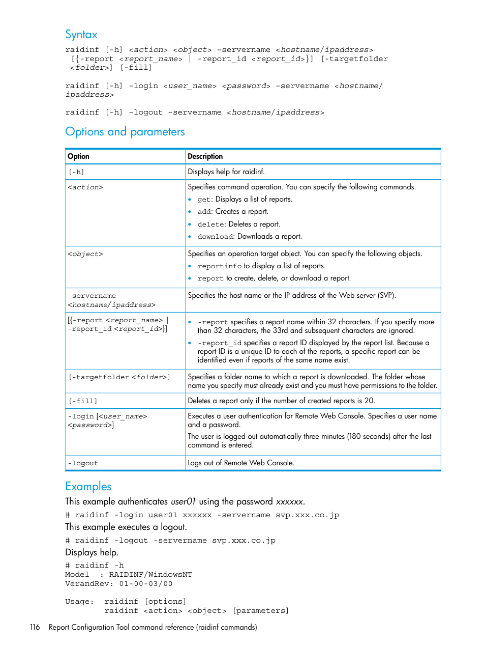 Syntax, Options and parameters, Examples | HP XP P9500 Storage User Manual | Page 116 / 233