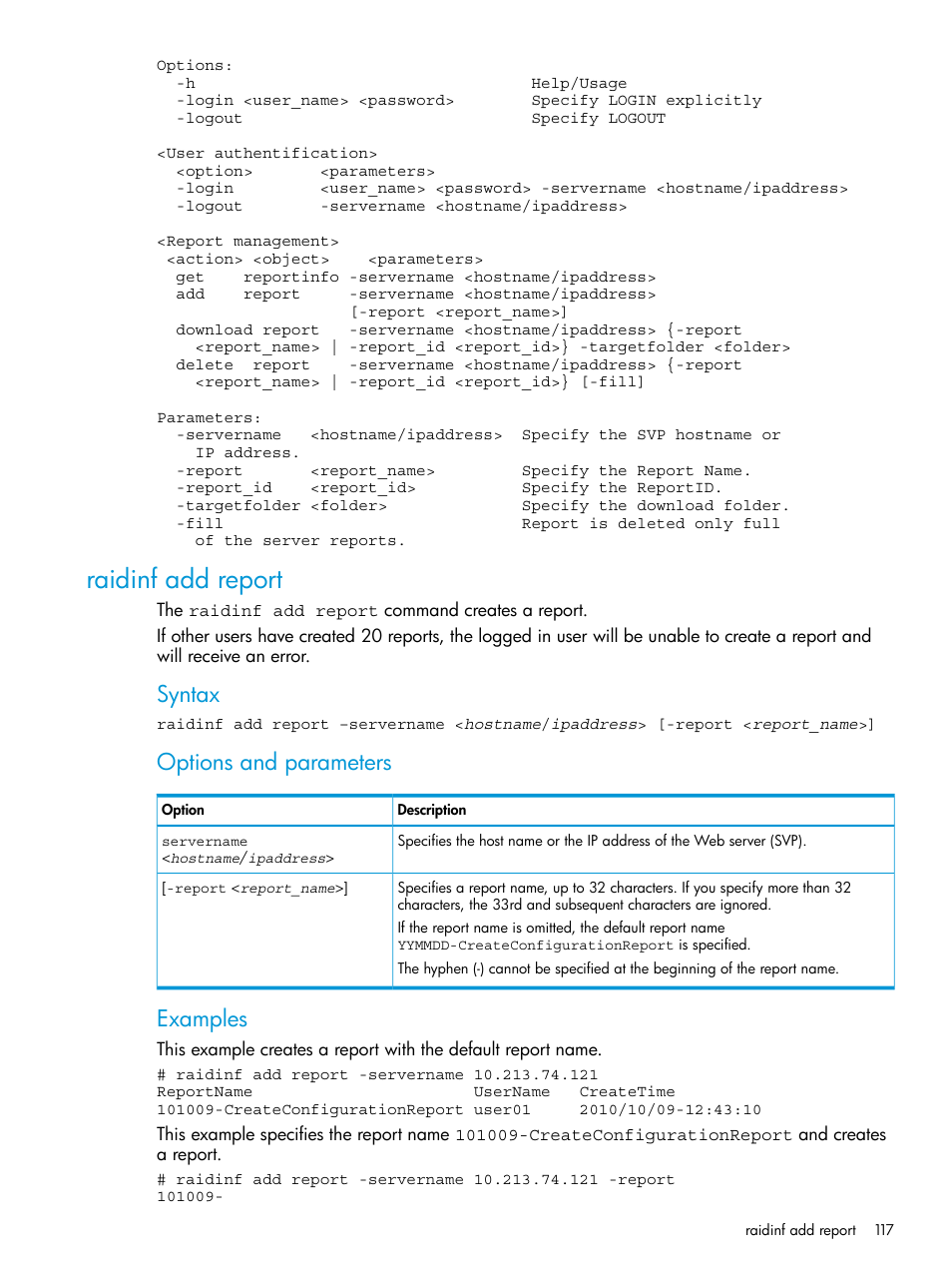 Raidinf add report, Syntax, Options and parameters | Examples | HP XP P9500 Storage User Manual | Page 117 / 233