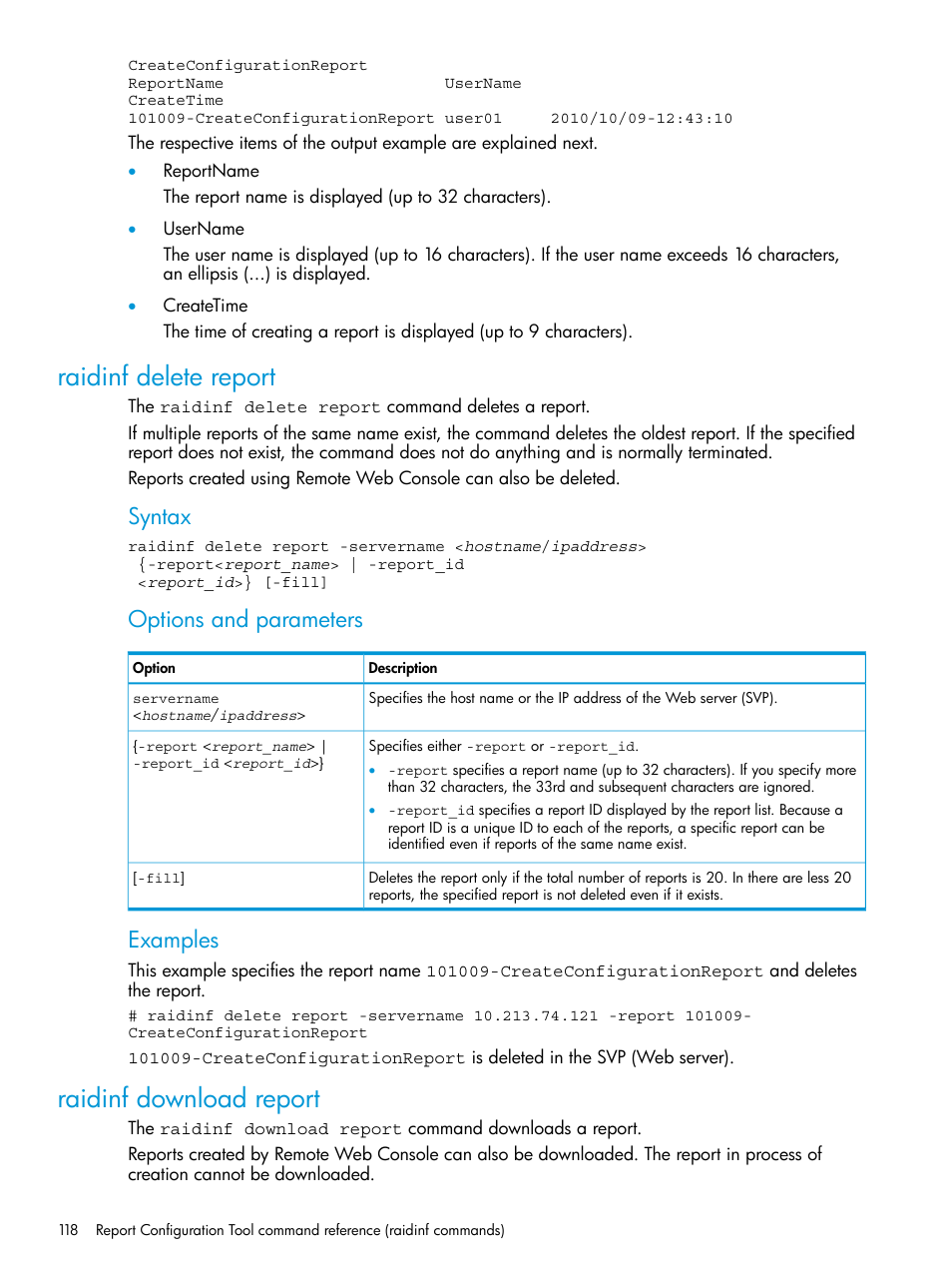 Raidinf delete report, Raidinf download report, Raidinf delete report raidinf download report | Syntax, Options and parameters, Examples | HP XP P9500 Storage User Manual | Page 118 / 233