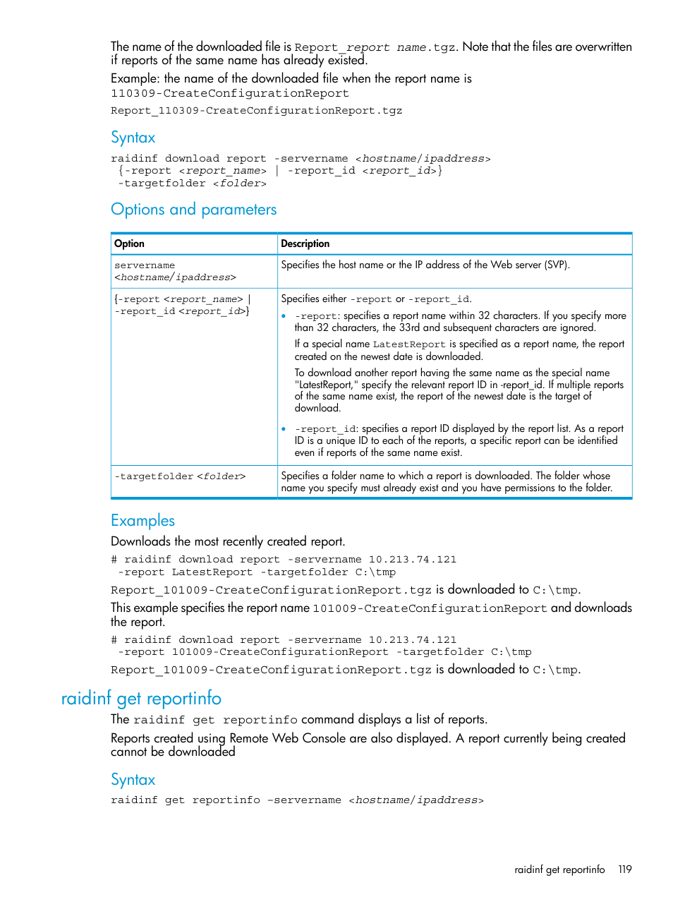 Raidinf get reportinfo, Syntax, Options and parameters | Examples | HP XP P9500 Storage User Manual | Page 119 / 233