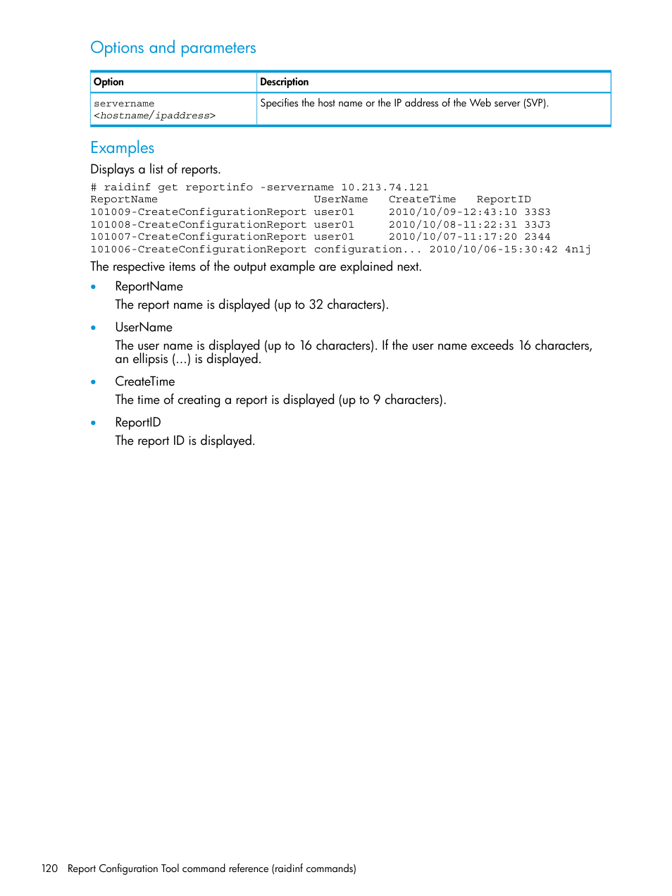 Options and parameters, Examples | HP XP P9500 Storage User Manual | Page 120 / 233