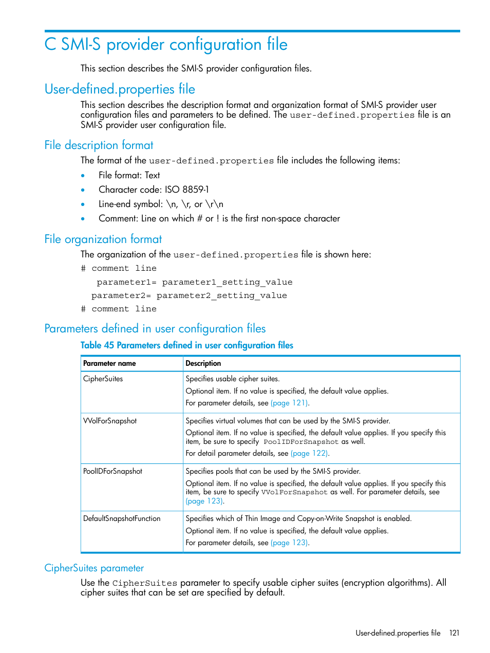 C smi-s provider configuration file, User-defined.properties file, File description format | File organization format, Parameters defined in user configuration files, Ciphersuites parameter | HP XP P9500 Storage User Manual | Page 121 / 233