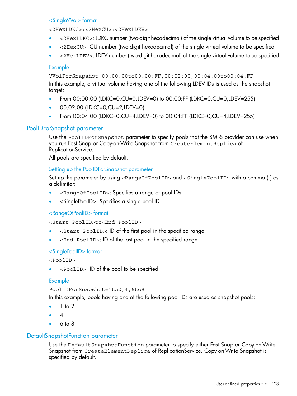 Poolidforsnapshot parameter, Defaultsnapshotfunction parameter | HP XP P9500 Storage User Manual | Page 123 / 233