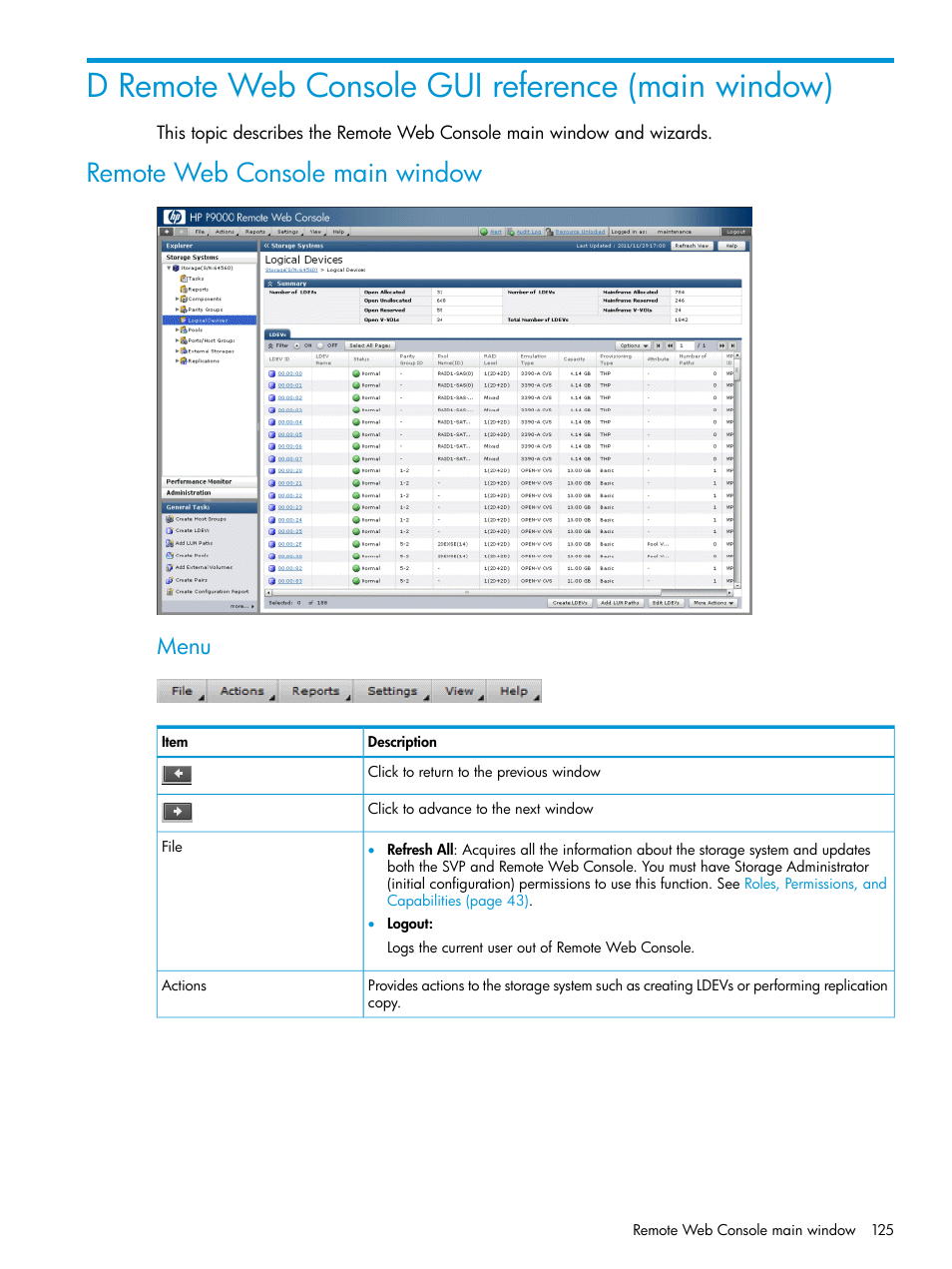 D remote web console gui reference (main window), Remote web console main window, Menu | HP XP P9500 Storage User Manual | Page 125 / 233