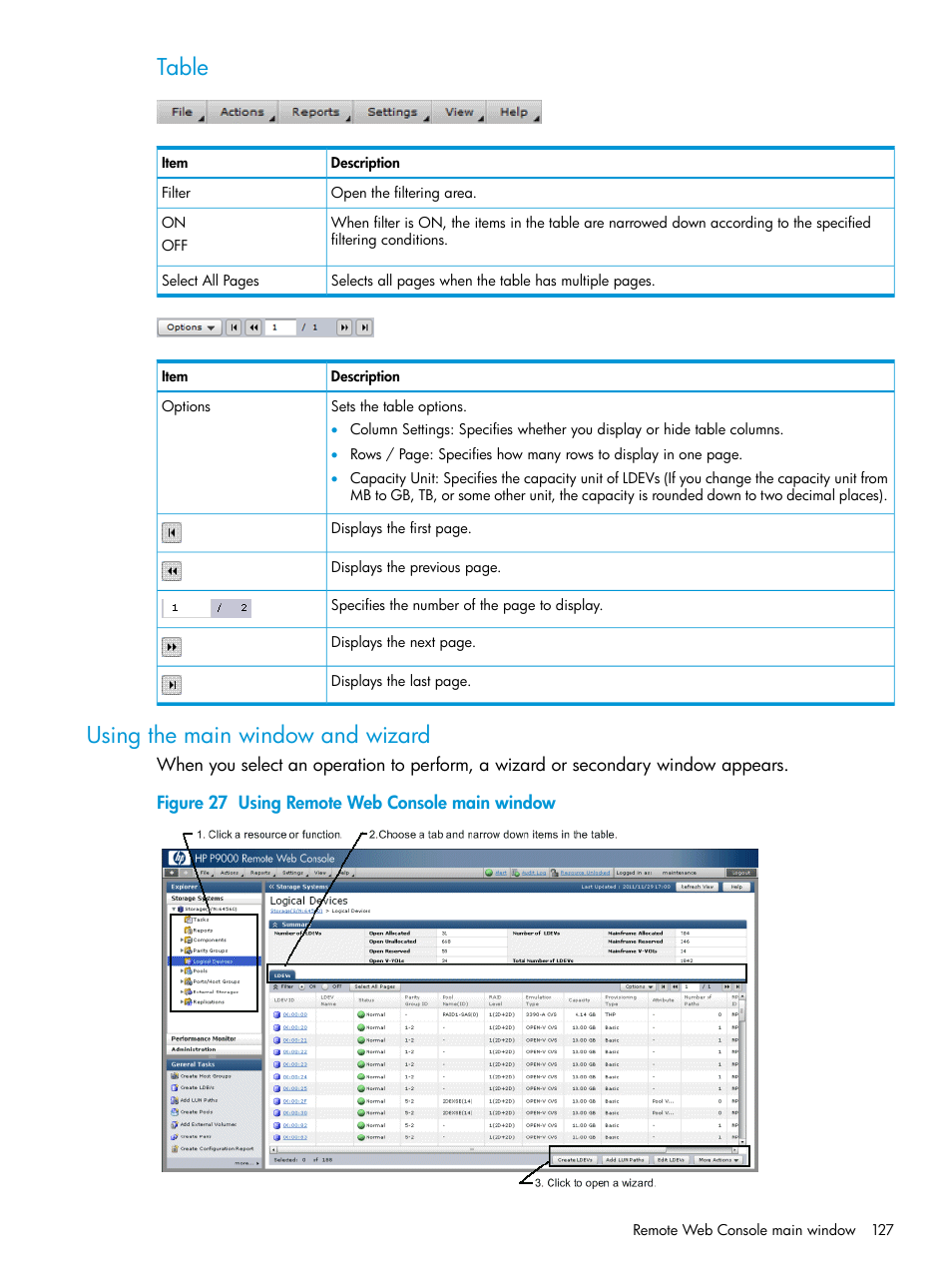 Using the main window and wizard, Table | HP XP P9500 Storage User Manual | Page 127 / 233