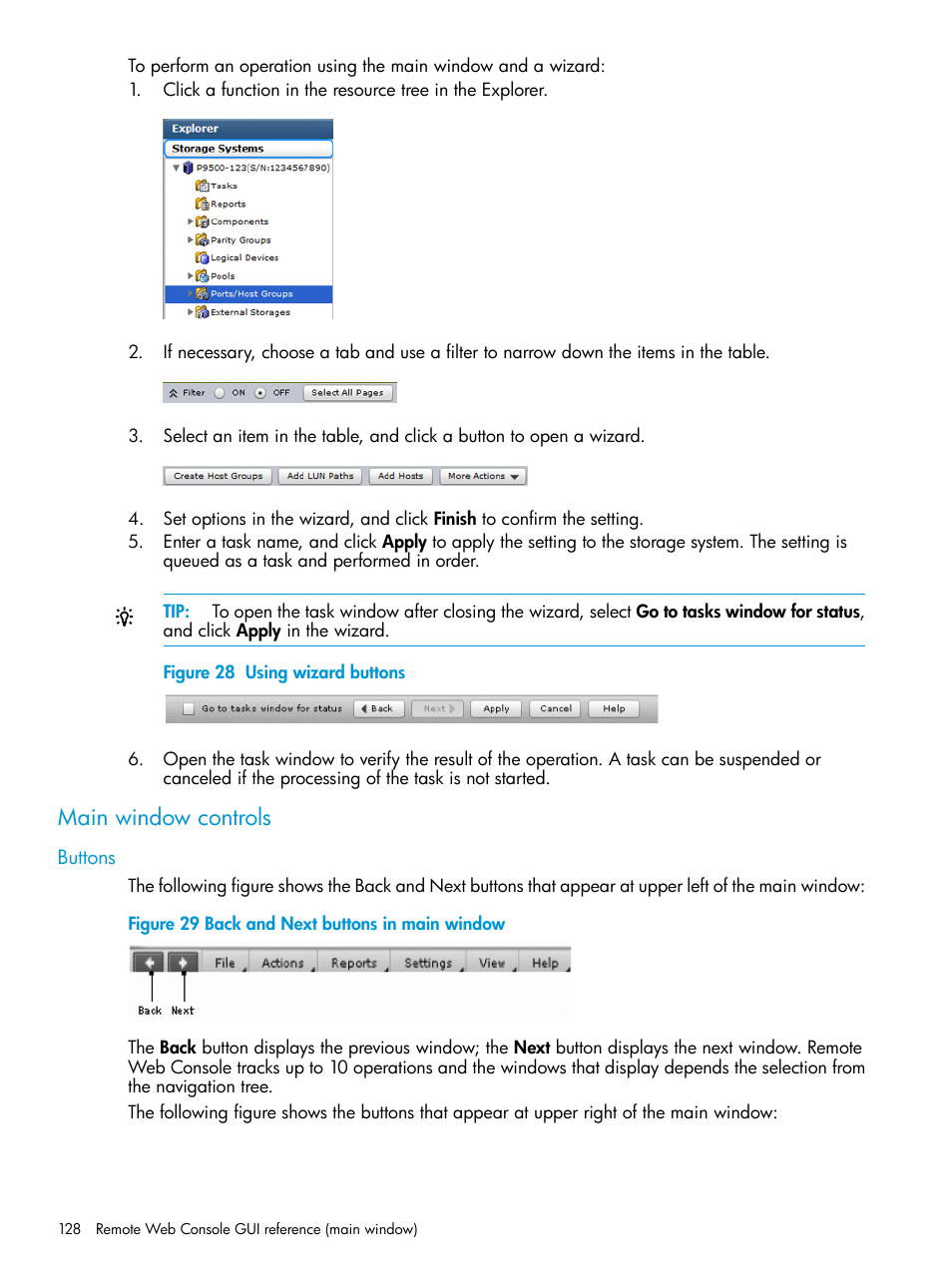 Main window controls, Buttons | HP XP P9500 Storage User Manual | Page 128 / 233