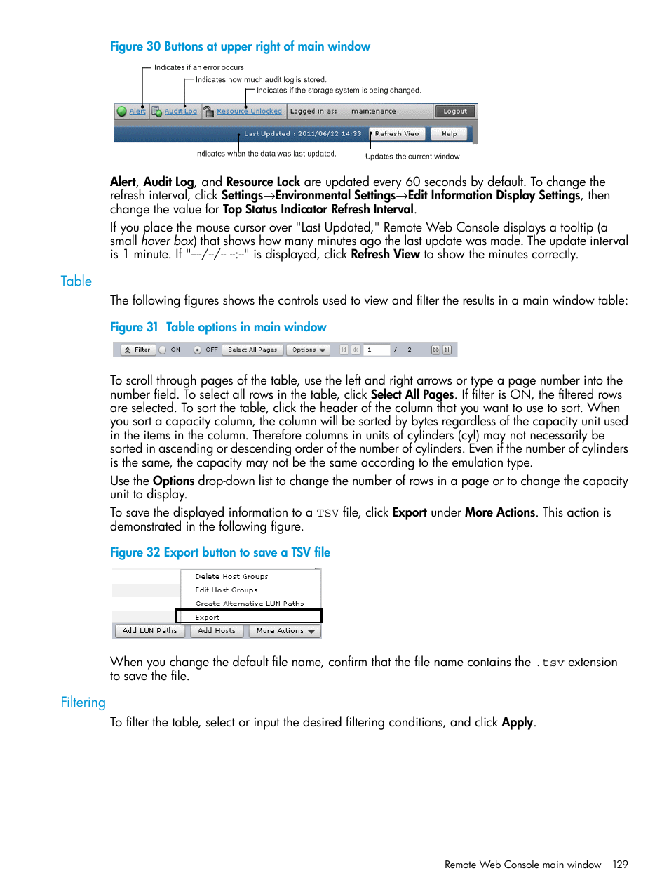 Table, Filtering, Table filtering | HP XP P9500 Storage User Manual | Page 129 / 233