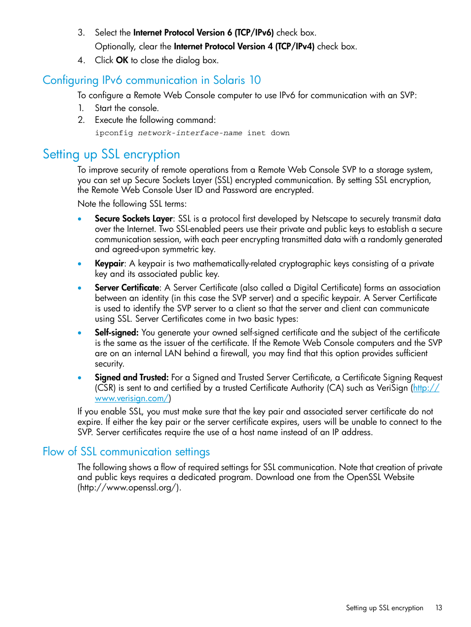 Configuring ipv6 communication in solaris 10, Setting up ssl encryption, Flow of ssl communication settings | HP XP P9500 Storage User Manual | Page 13 / 233