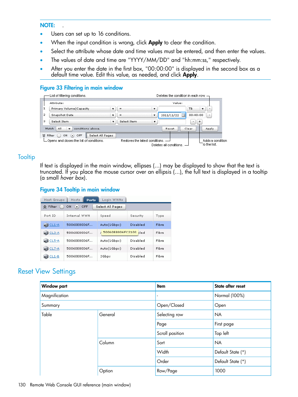 Tooltip, Reset view settings | HP XP P9500 Storage User Manual | Page 130 / 233