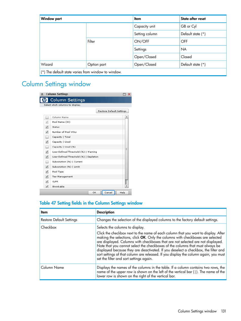 Column settings window | HP XP P9500 Storage User Manual | Page 131 / 233