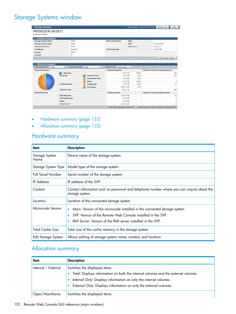 Storage systems window, Hardware summary, Allocation summary | HP XP P9500 Storage User Manual | Page 132 / 233