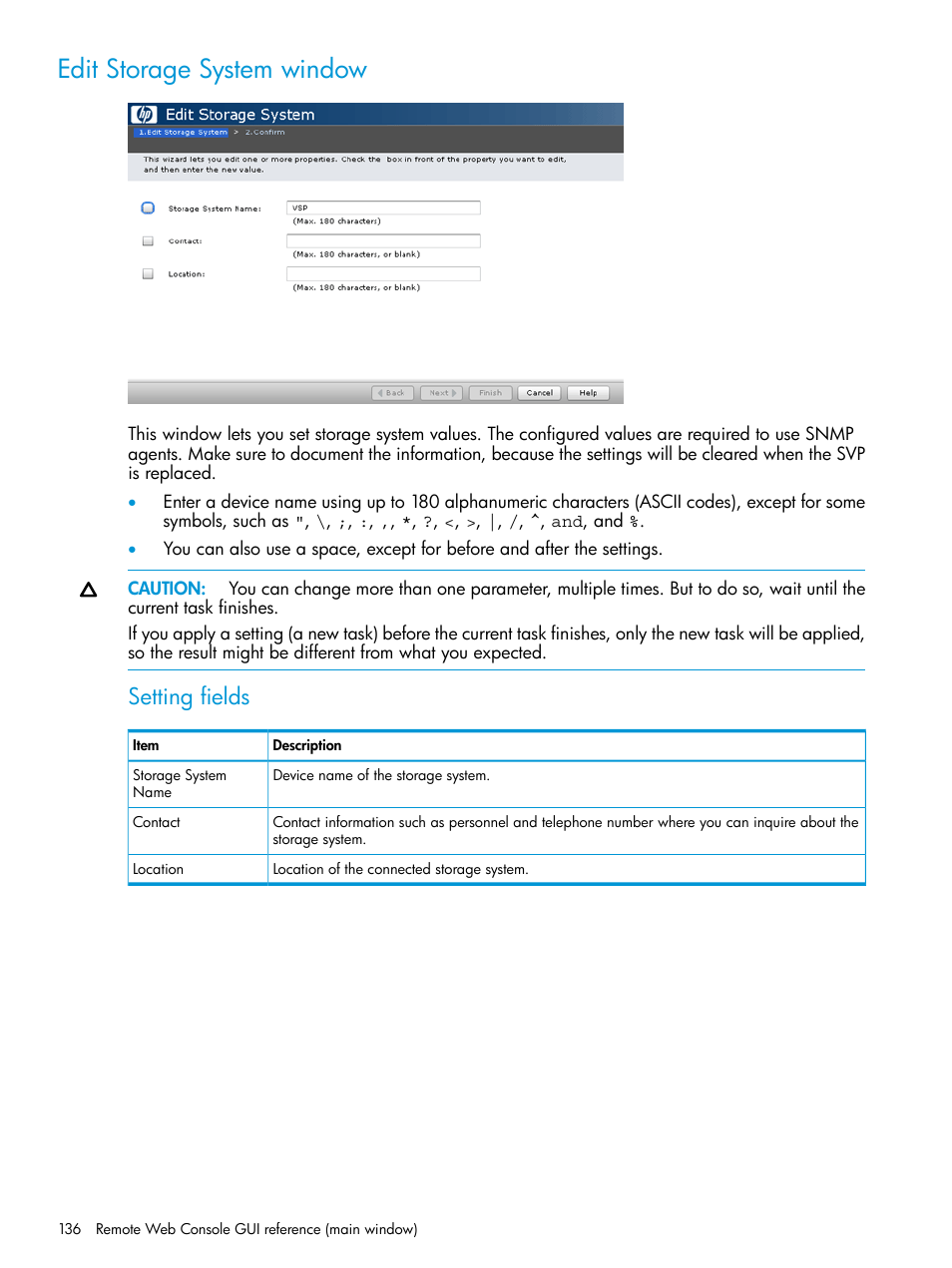 Edit storage system window, Setting fields | HP XP P9500 Storage User Manual | Page 136 / 233