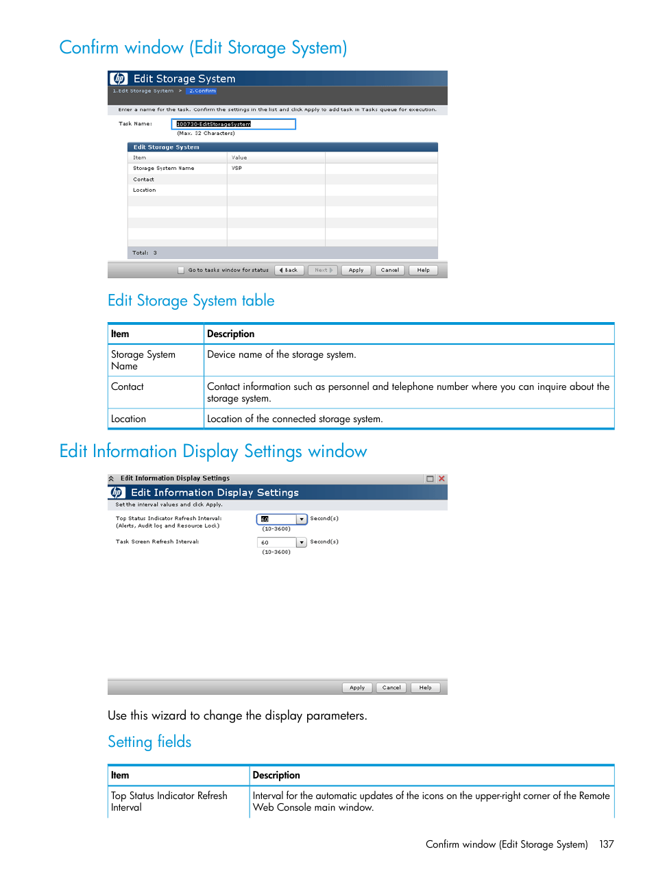 Confirm window (edit storage system), Edit information display settings window, Edit storage system table | Setting fields | HP XP P9500 Storage User Manual | Page 137 / 233