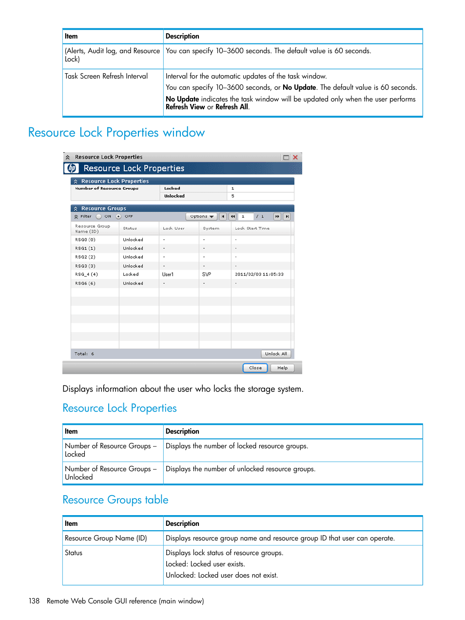 Resource lock properties window, Resource lock properties, Resource groups table | HP XP P9500 Storage User Manual | Page 138 / 233