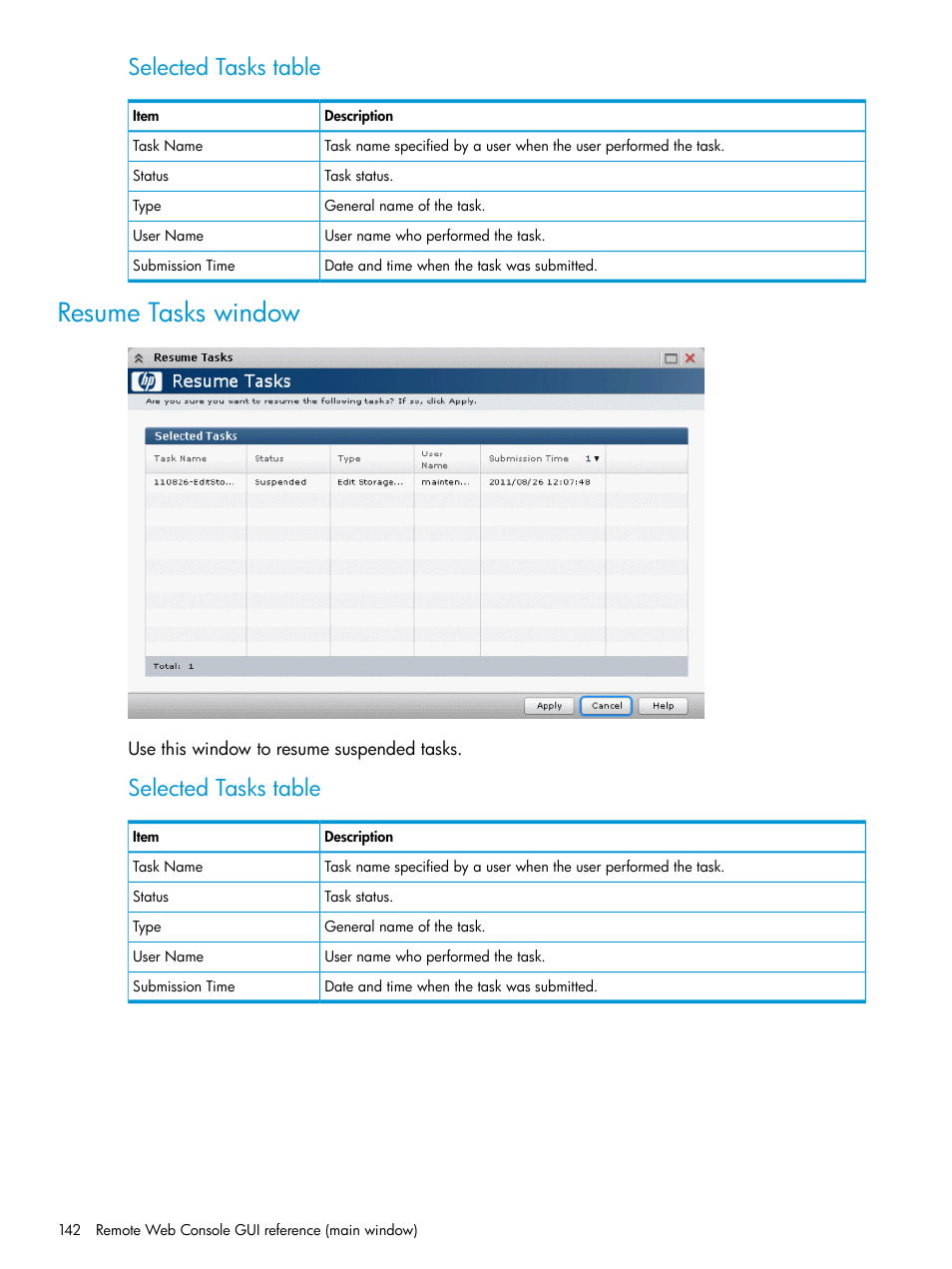 Resume tasks window, Selected tasks table | HP XP P9500 Storage User Manual | Page 142 / 233