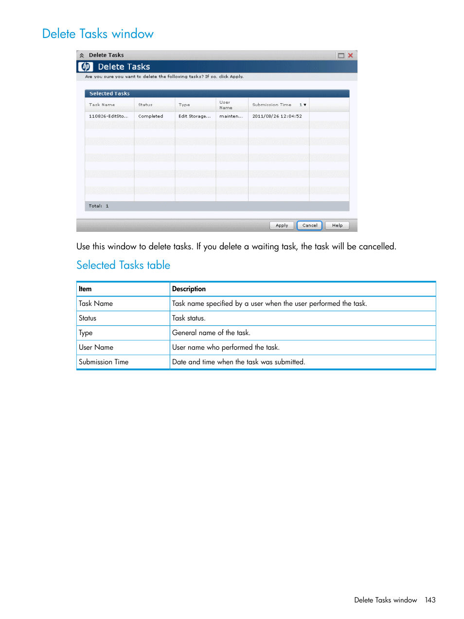 Delete tasks window, Selected tasks table | HP XP P9500 Storage User Manual | Page 143 / 233