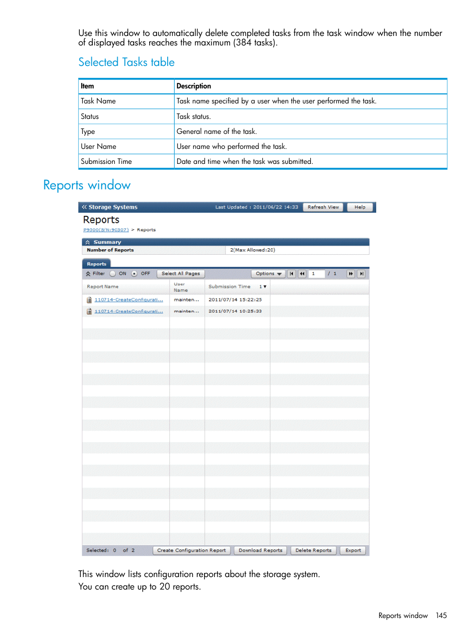 Reports window, Selected tasks table | HP XP P9500 Storage User Manual | Page 145 / 233