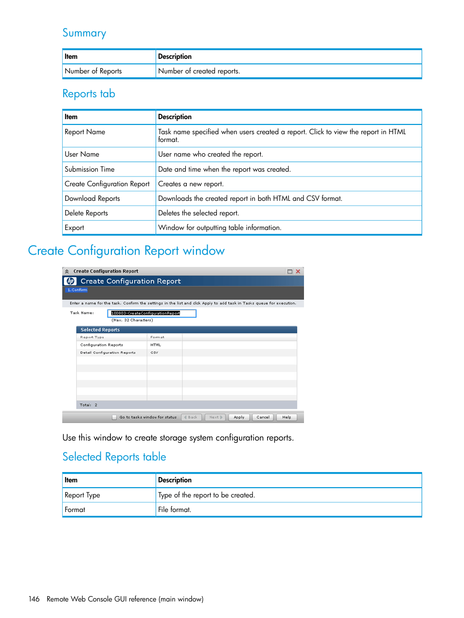 Create configuration report window, Summary, Reports tab | Selected reports table | HP XP P9500 Storage User Manual | Page 146 / 233