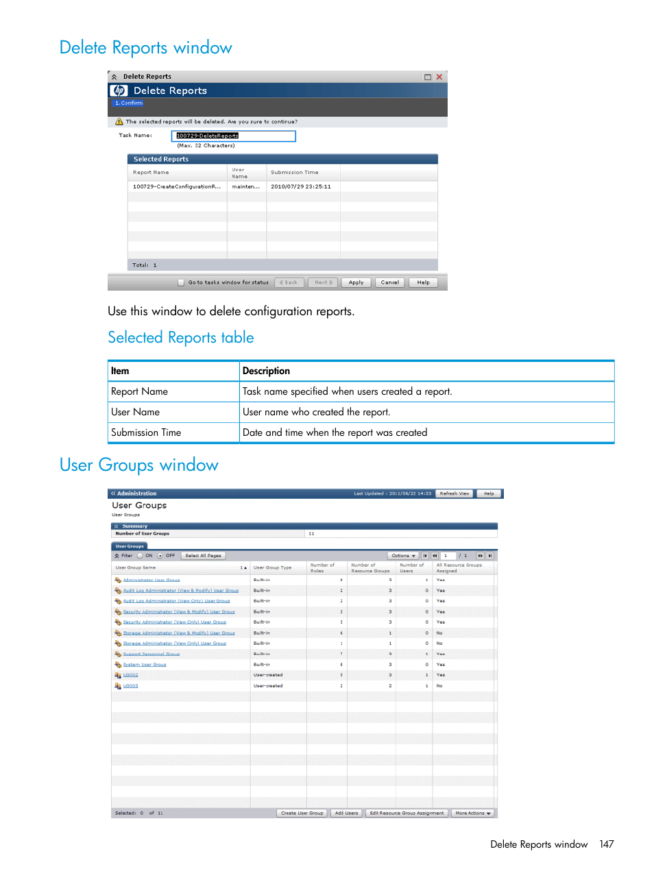 Delete reports window, User groups window, Delete reports window user groups window | Selected reports table | HP XP P9500 Storage User Manual | Page 147 / 233