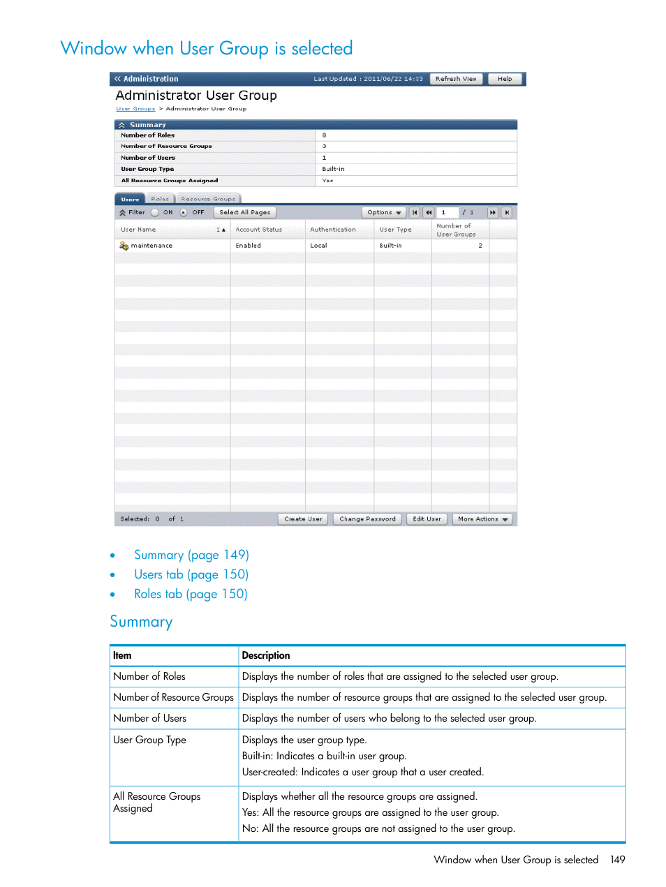 Window when user group is selected, Summary | HP XP P9500 Storage User Manual | Page 149 / 233