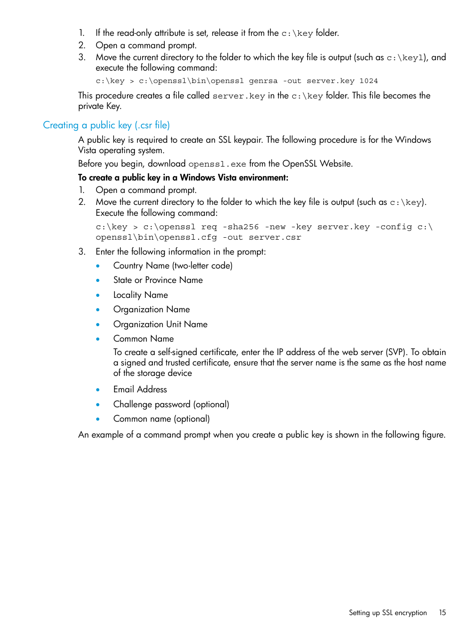 Creating a public key (.csr file) | HP XP P9500 Storage User Manual | Page 15 / 233