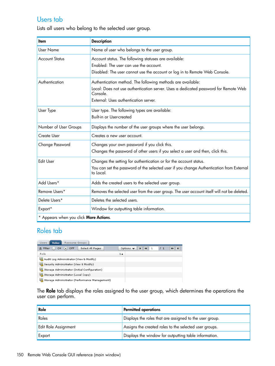 Users tab, Roles tab | HP XP P9500 Storage User Manual | Page 150 / 233