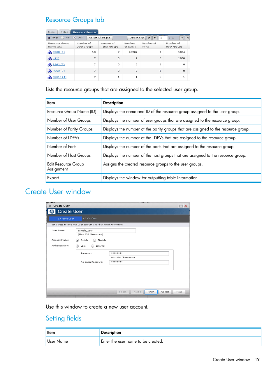 Create user window, Resource groups tab, Setting fields | HP XP P9500 Storage User Manual | Page 151 / 233