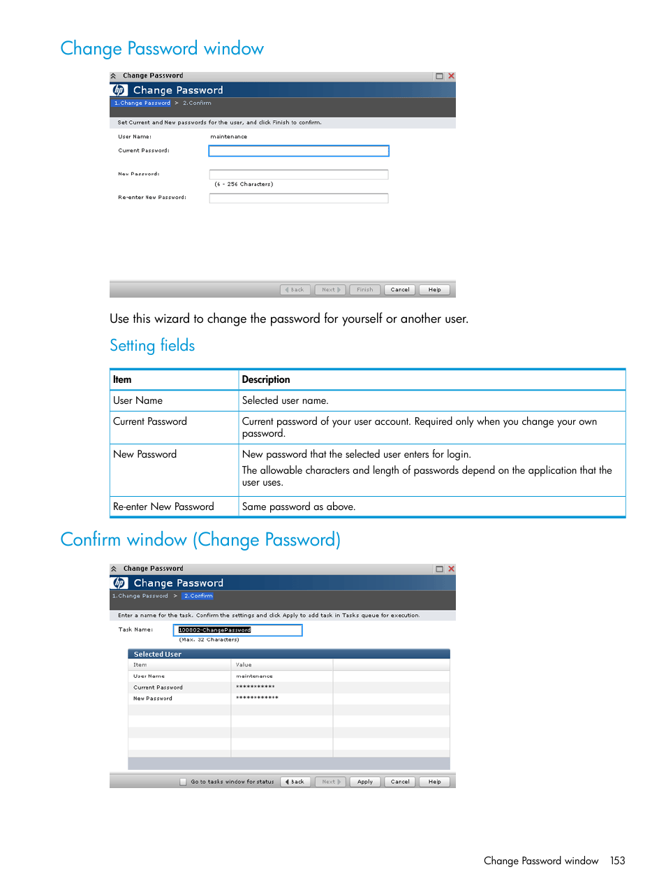 Change password window, Confirm window (change password), Setting fields | HP XP P9500 Storage User Manual | Page 153 / 233