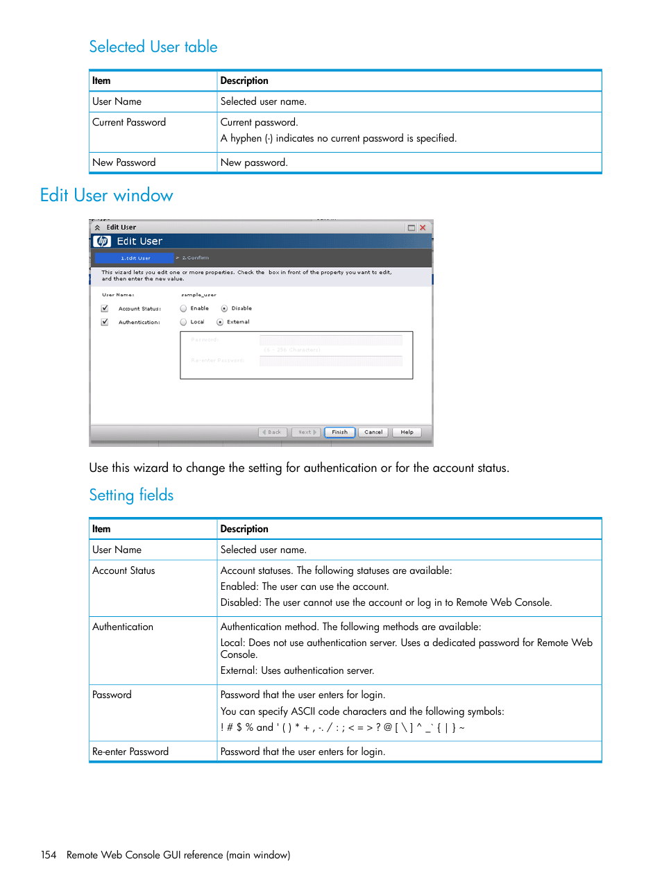 Edit user window, Selected user table, Setting fields | HP XP P9500 Storage User Manual | Page 154 / 233