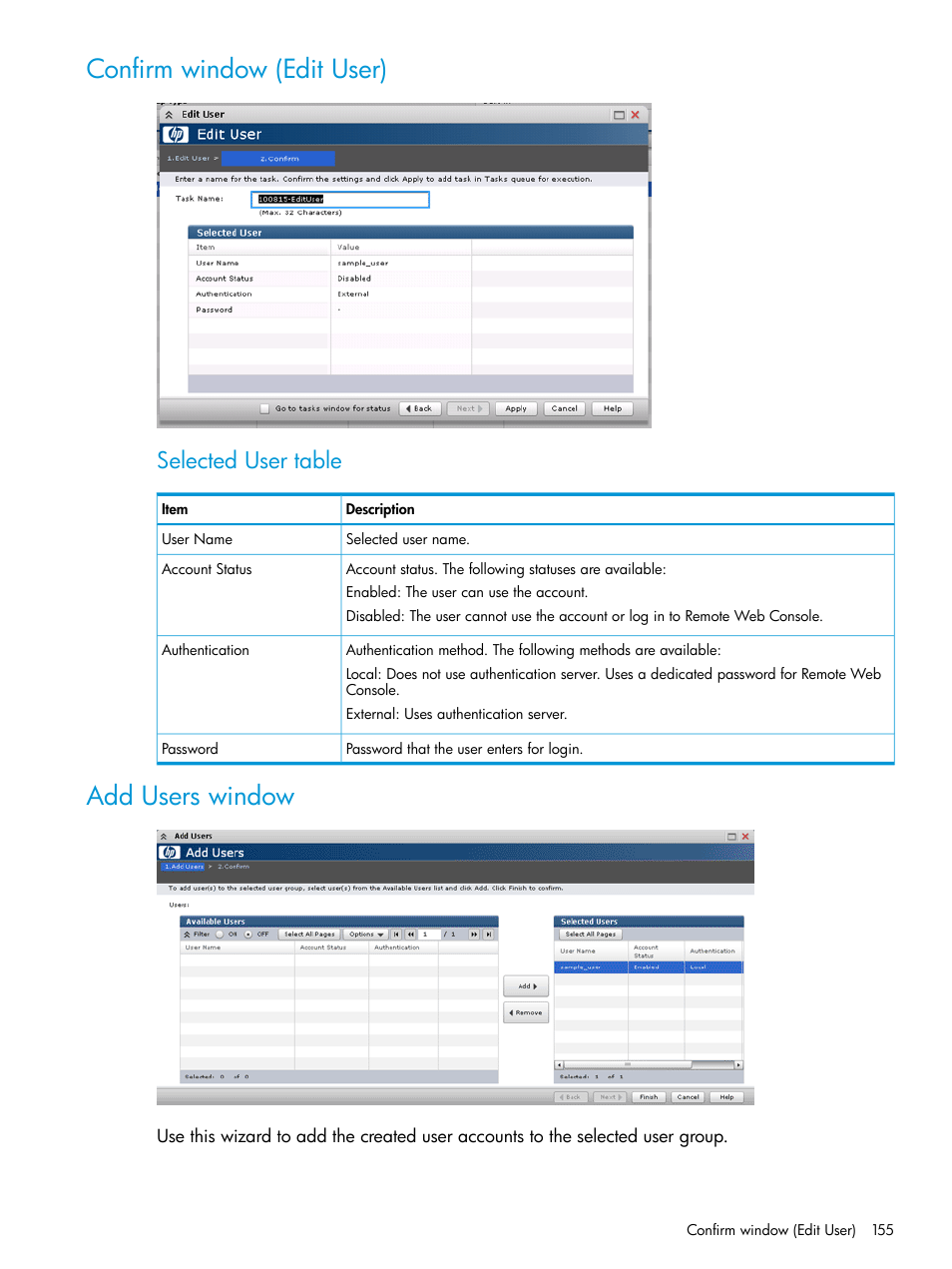 Confirm window (edit user), Add users window, Confirm window (edit user) add users window | Selected user table | HP XP P9500 Storage User Manual | Page 155 / 233