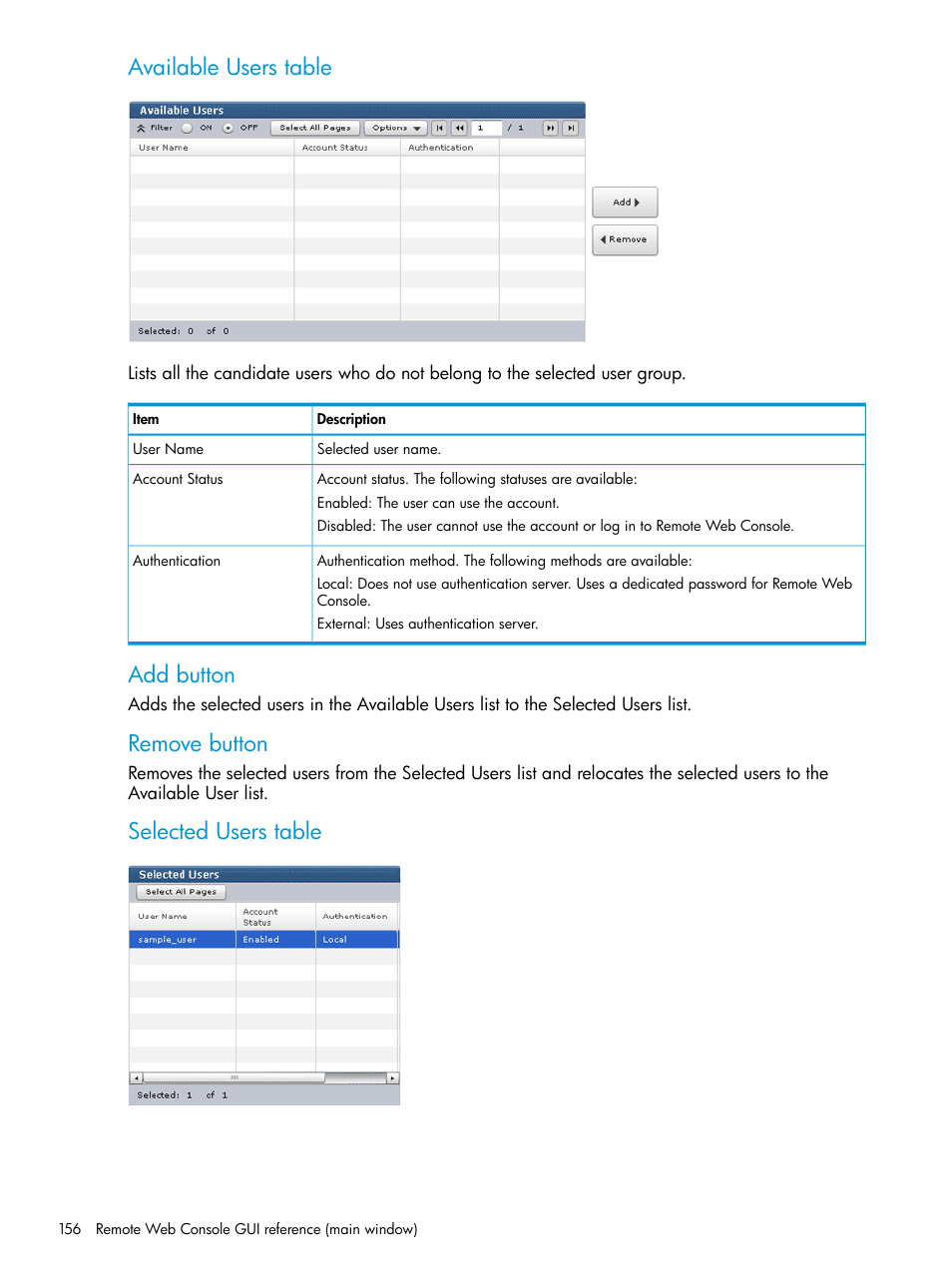 Available users table, Add button, Remove button | Selected users table | HP XP P9500 Storage User Manual | Page 156 / 233