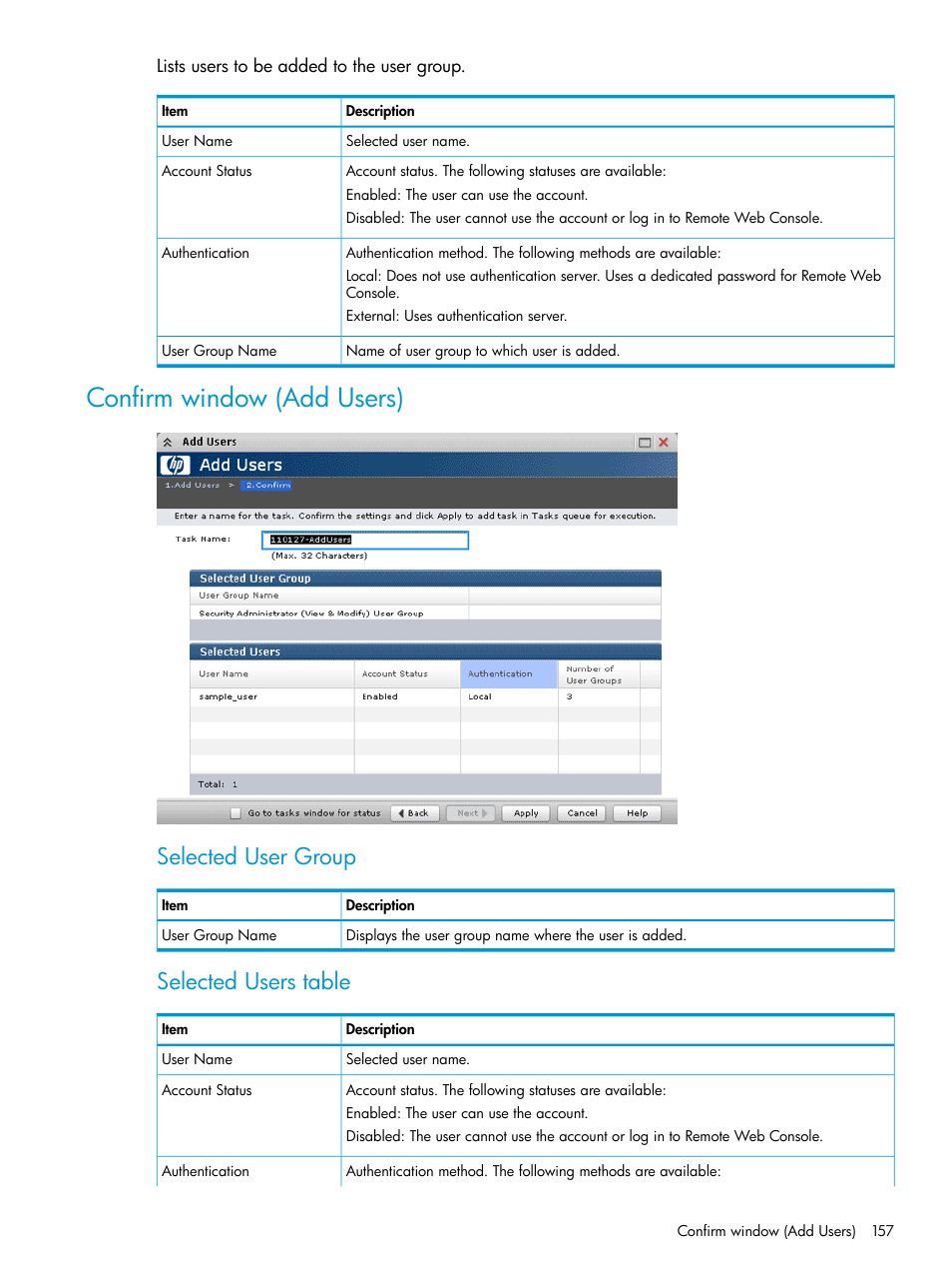 Confirm window (add users), Selected user group, Selected users table | HP XP P9500 Storage User Manual | Page 157 / 233