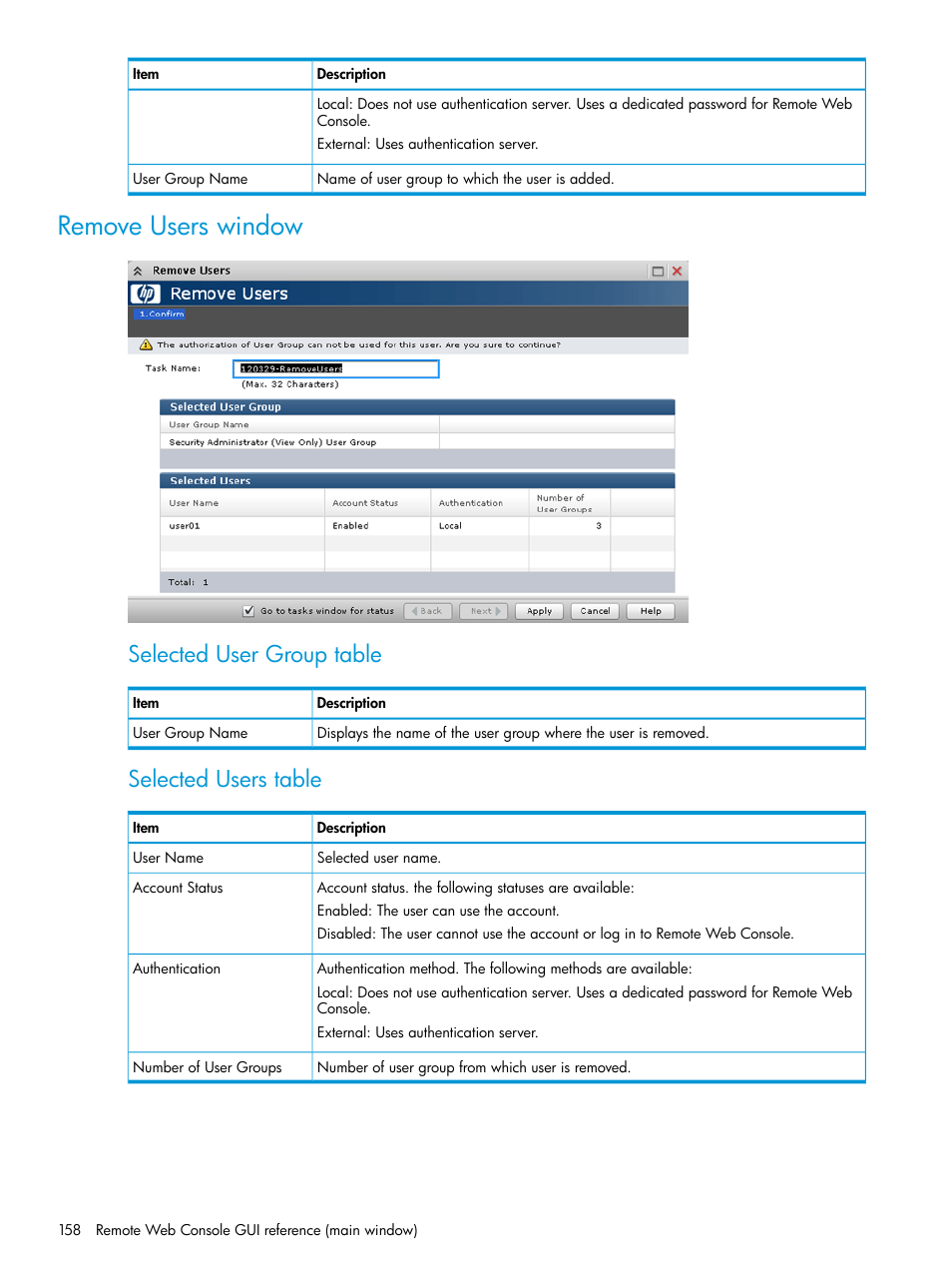 Remove users window, Selected user group table, Selected users table | HP XP P9500 Storage User Manual | Page 158 / 233