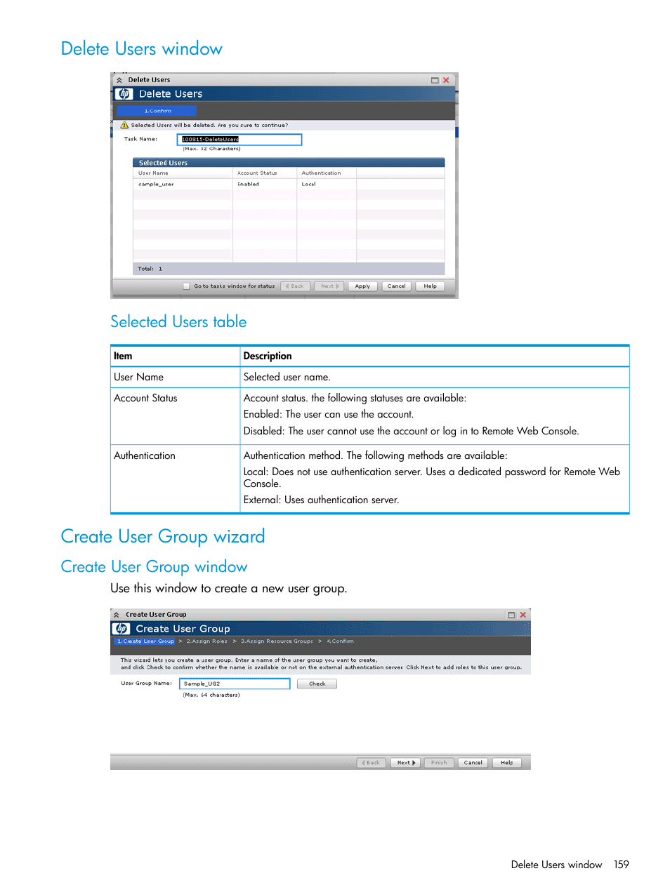 Delete users window, Create user group wizard, Create user group window | Delete users window create user group wizard, Selected users table | HP XP P9500 Storage User Manual | Page 159 / 233