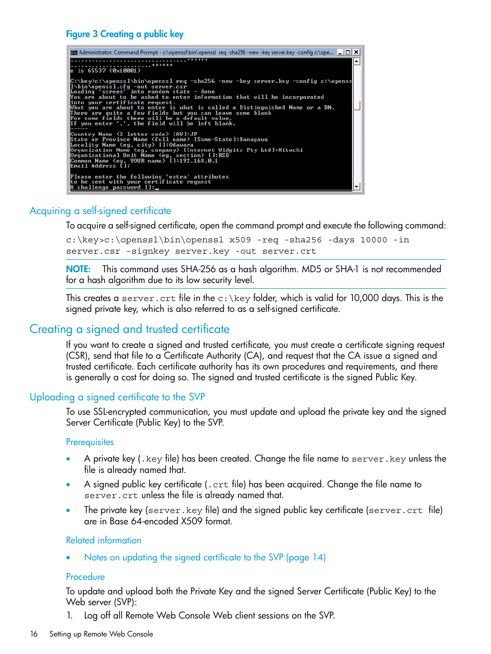 Acquiring a self-signed certificate, Creating a signed and trusted certificate, Uploading a signed certificate to the svp | HP XP P9500 Storage User Manual | Page 16 / 233