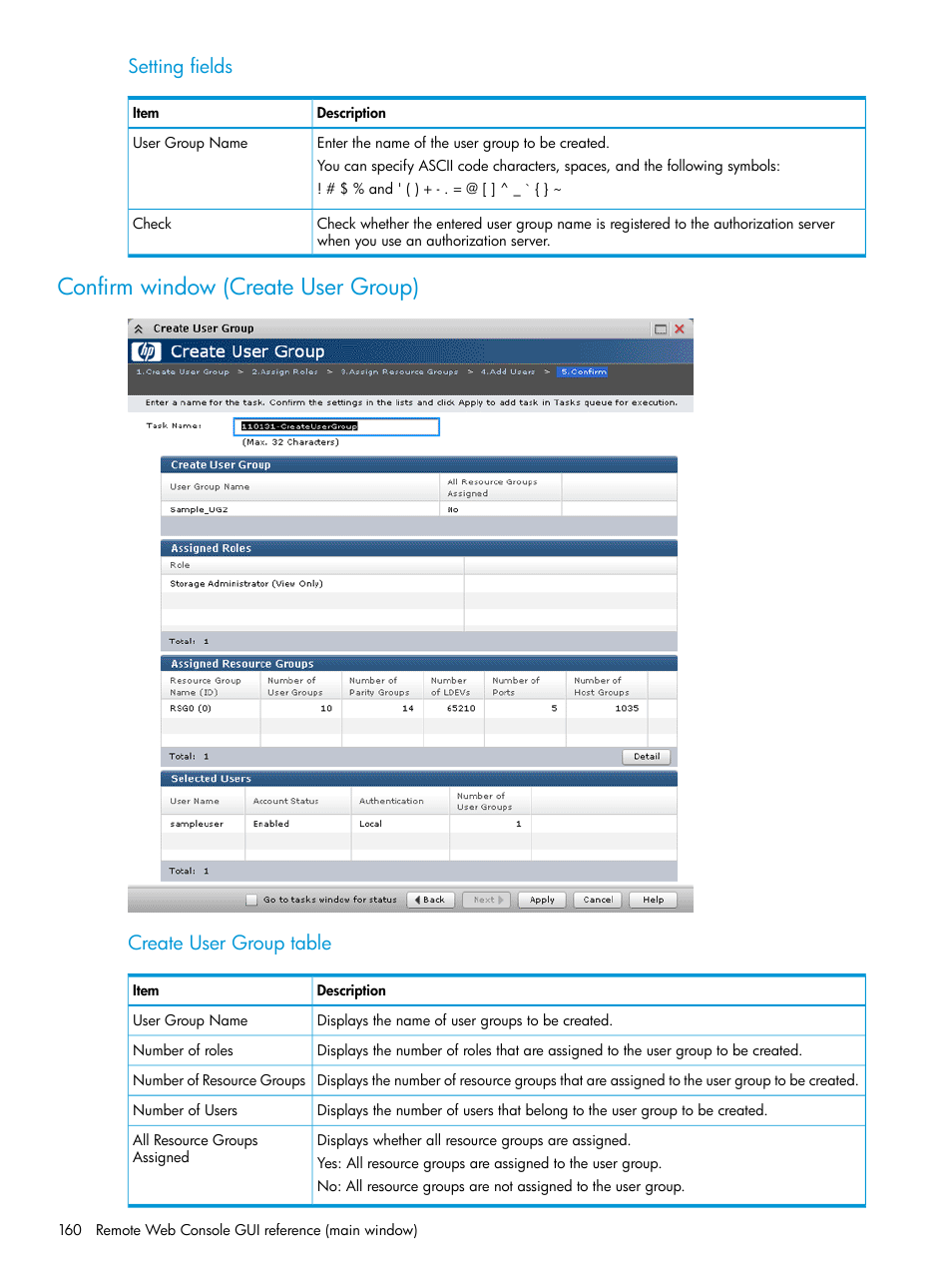 Confirm window (create user group), Setting fields, Create user group table | HP XP P9500 Storage User Manual | Page 160 / 233