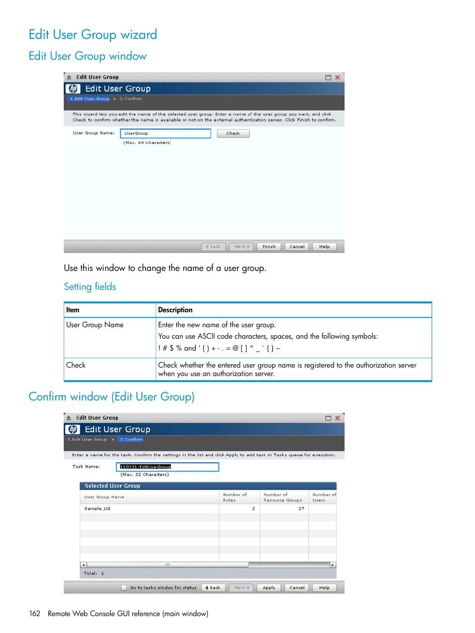 Edit user group wizard, Edit user group window, Confirm window (edit user group) | HP XP P9500 Storage User Manual | Page 162 / 233