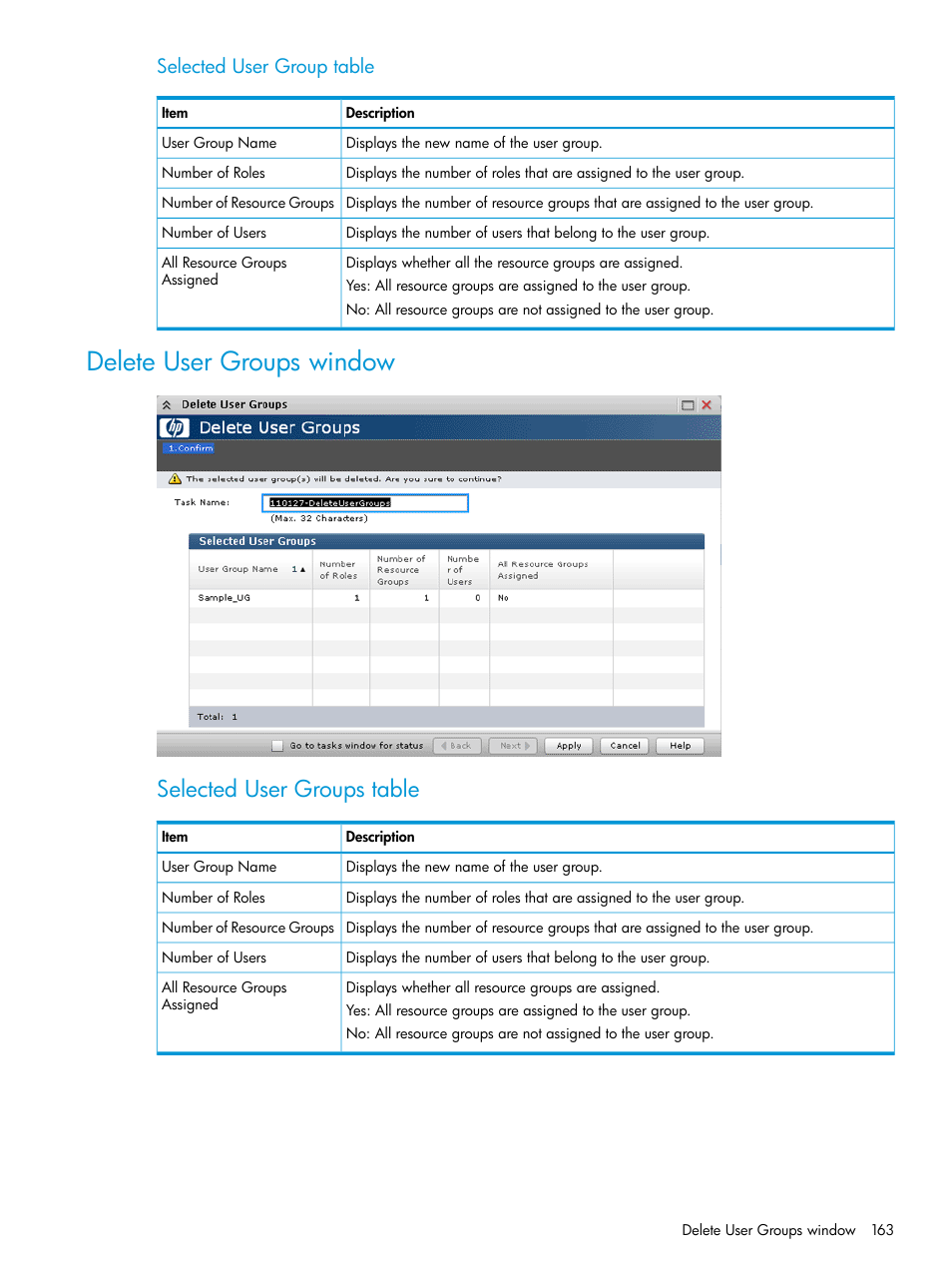 Delete user groups window, Selected user groups table, Selected user group table | HP XP P9500 Storage User Manual | Page 163 / 233