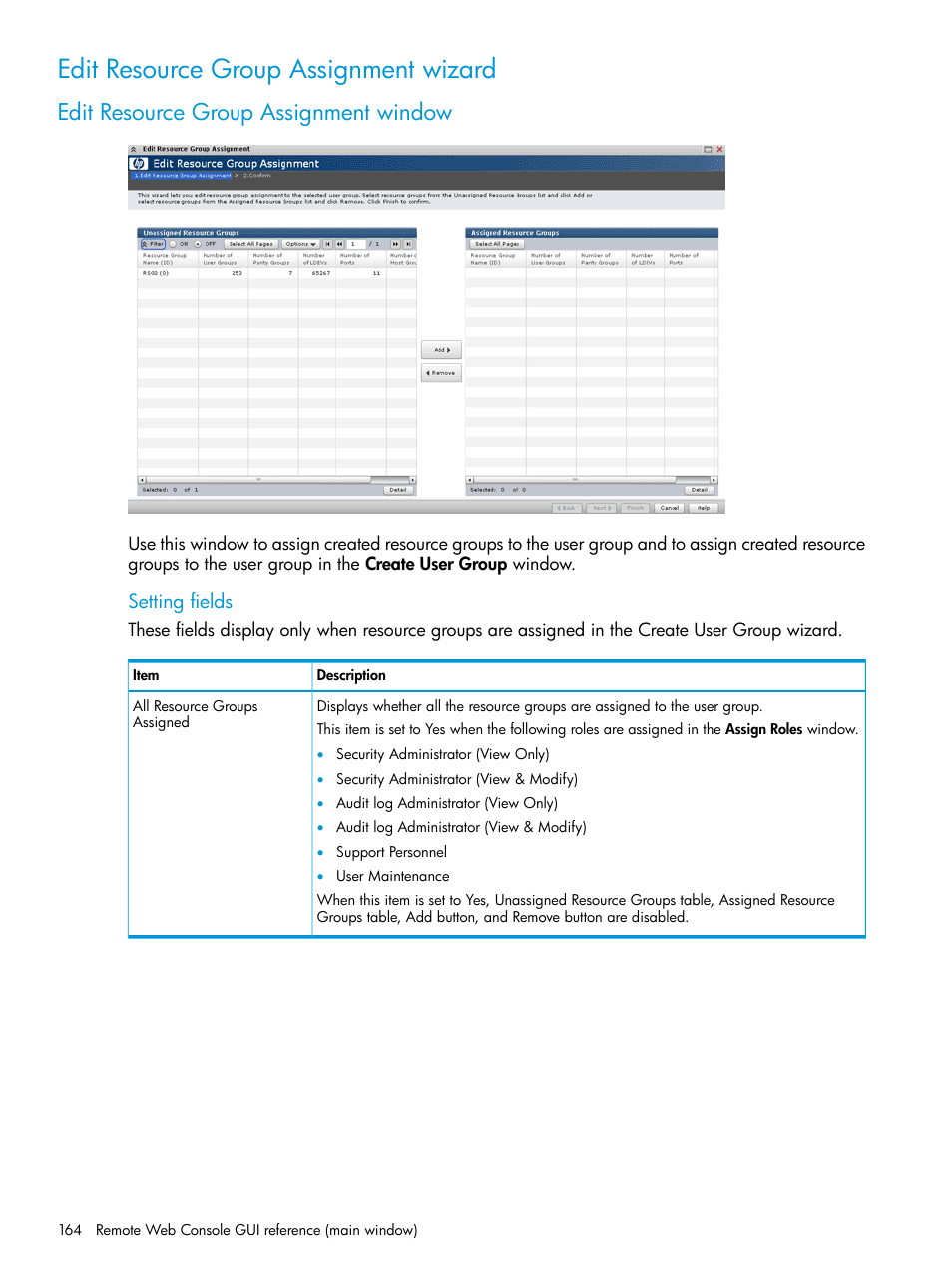 Edit resource group assignment wizard, Edit resource group assignment window, Setting fields | HP XP P9500 Storage User Manual | Page 164 / 233