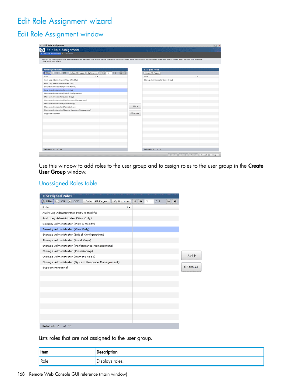 Edit role assignment wizard, Edit role assignment window | HP XP P9500 Storage User Manual | Page 168 / 233