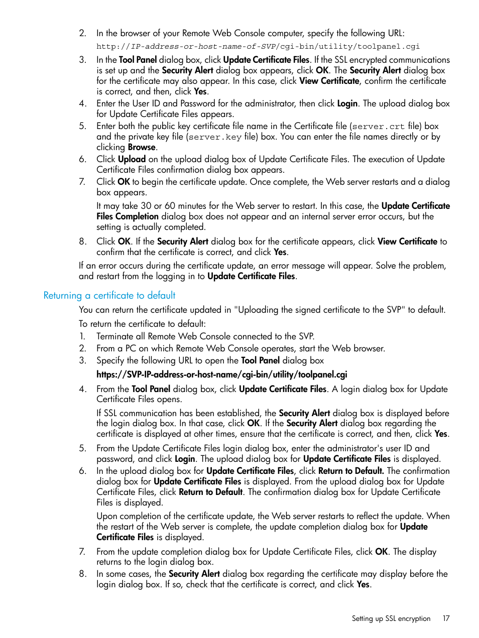 Returning a certificate to default | HP XP P9500 Storage User Manual | Page 17 / 233