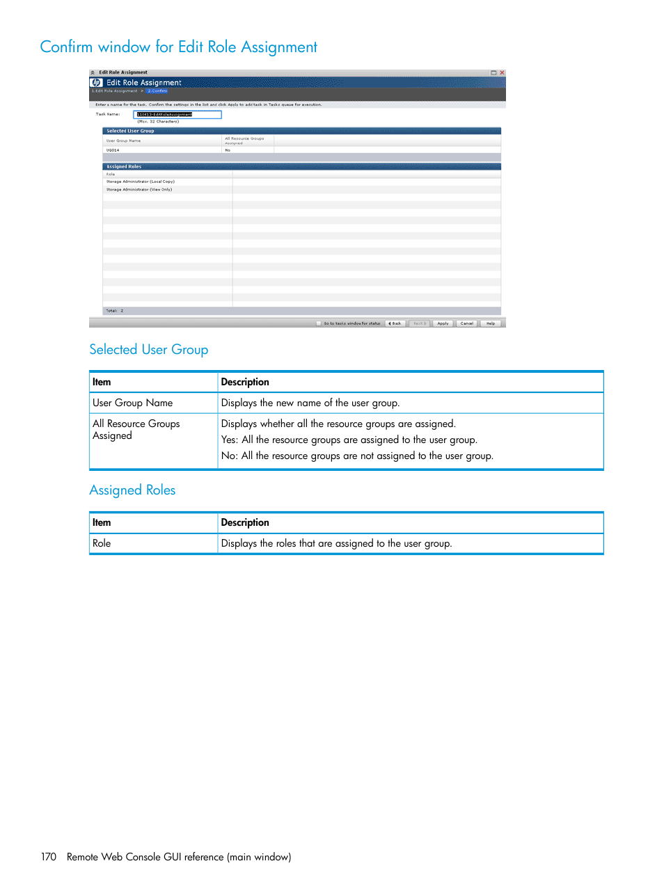 Confirm window for edit role assignment, Selected user group, Assigned roles | HP XP P9500 Storage User Manual | Page 170 / 233