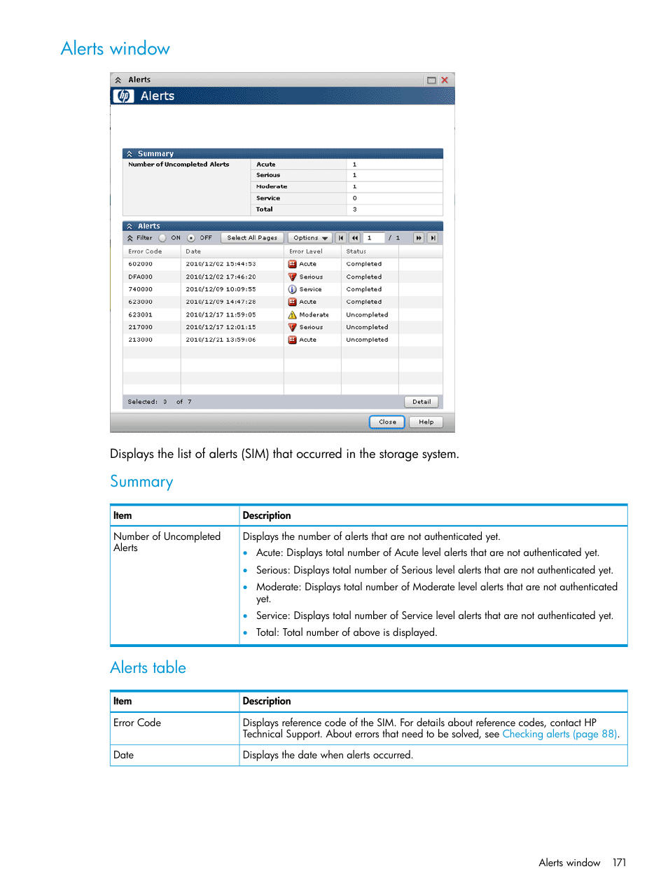 Alerts window, Summary, Alerts table | HP XP P9500 Storage User Manual | Page 171 / 233