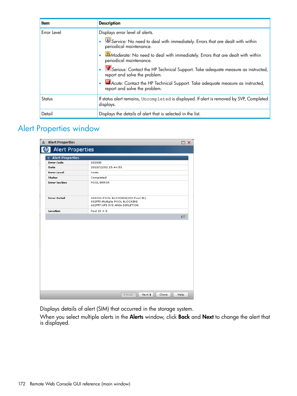 Alert properties window | HP XP P9500 Storage User Manual | Page 172 / 233