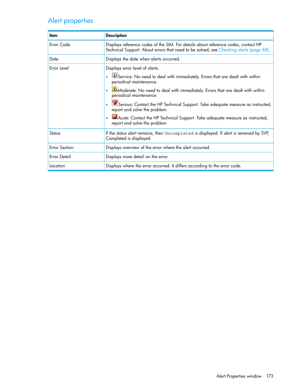 Alert properties | HP XP P9500 Storage User Manual | Page 173 / 233