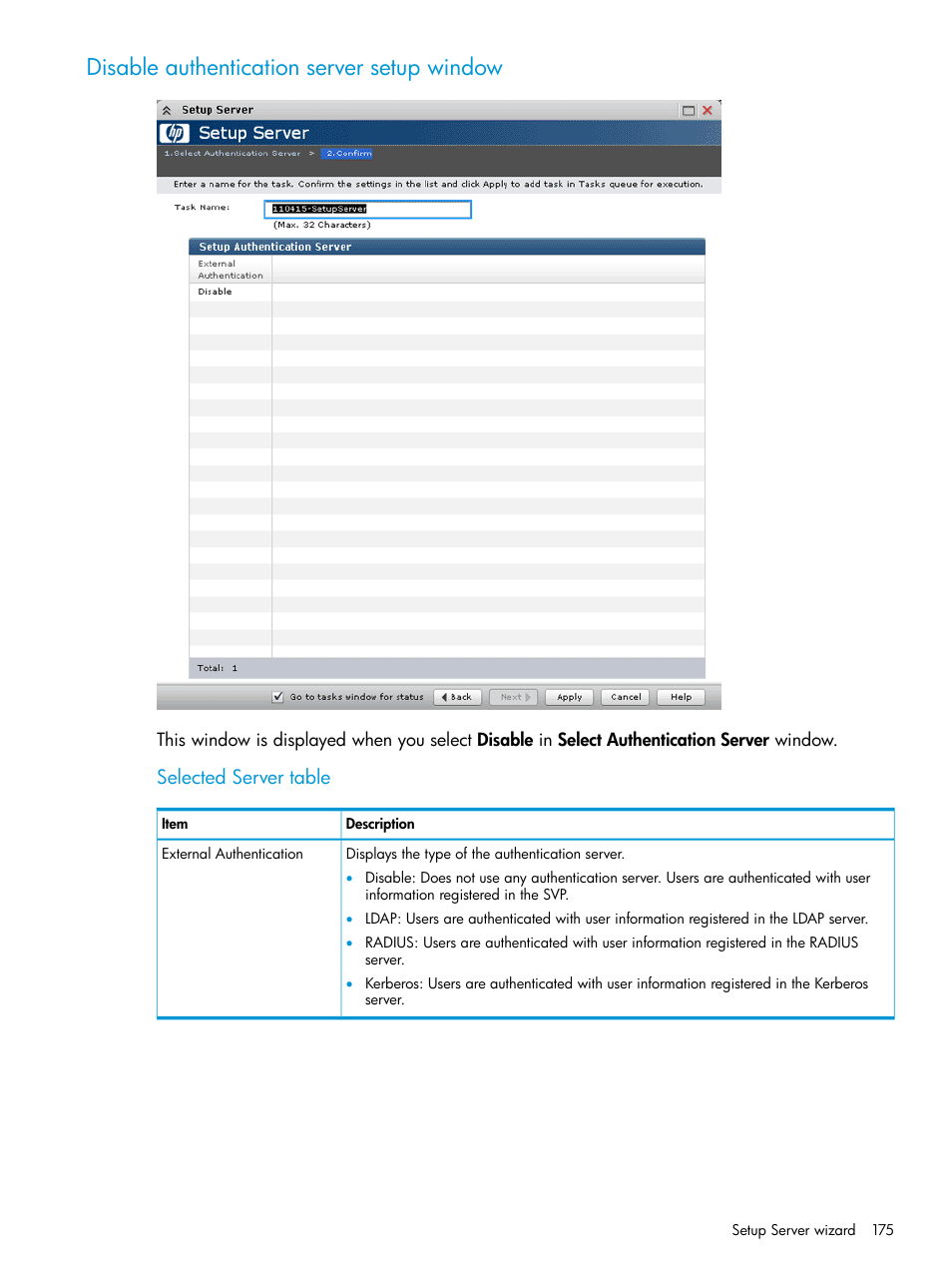 Disable authentication server setup window, Selected server table | HP XP P9500 Storage User Manual | Page 175 / 233