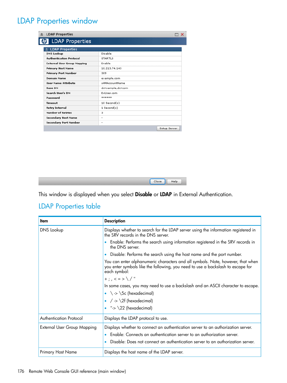 Ldap properties window, Ldap properties table | HP XP P9500 Storage User Manual | Page 176 / 233