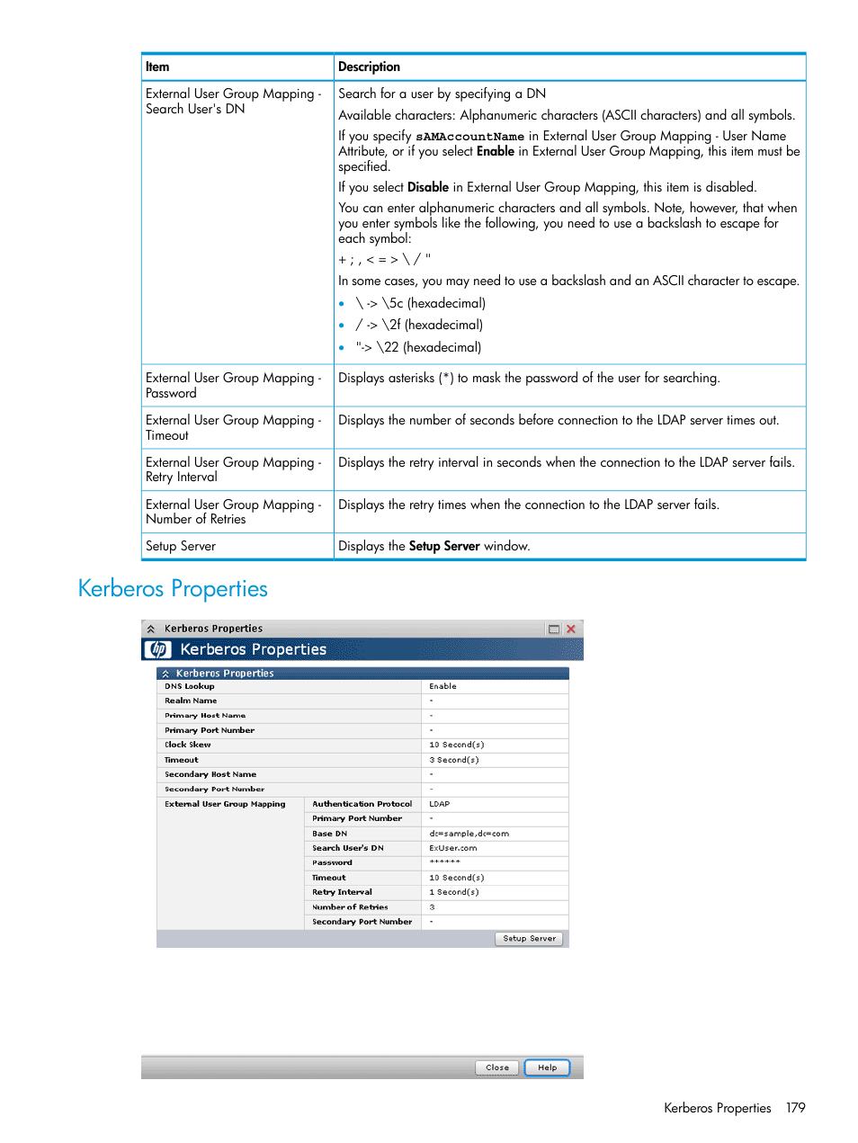 Kerberos properties | HP XP P9500 Storage User Manual | Page 179 / 233