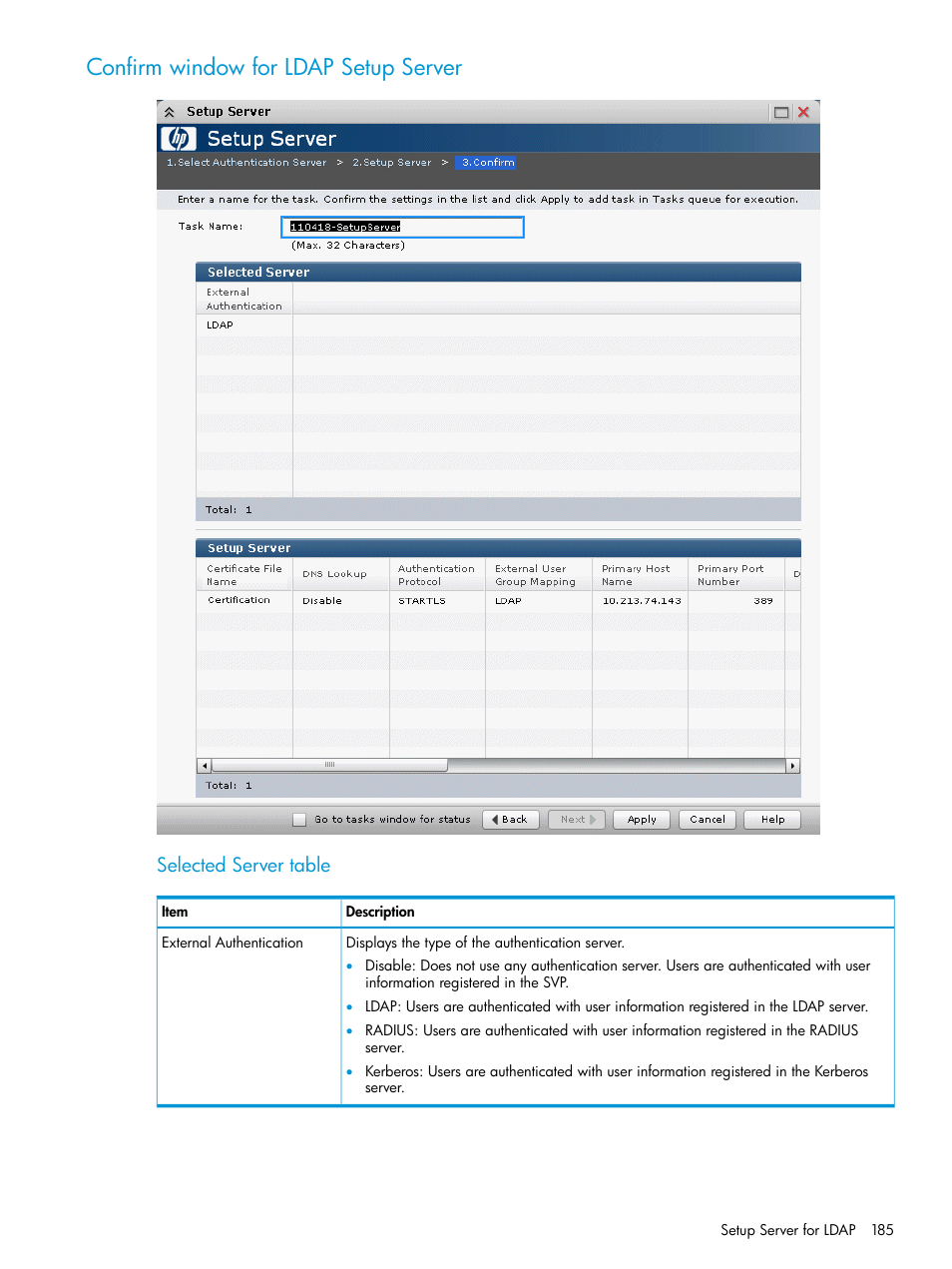 Confirm window for ldap setup server, Selected server table | HP XP P9500 Storage User Manual | Page 185 / 233